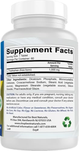 Best Naturals L-Tryptophan 1000 mg – 60 Tabletten – Hochdosiertes Schlaf- und Stimmungs-Supplement