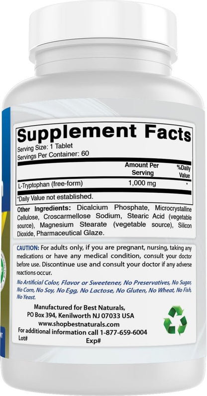 Best Naturals L-Tryptophan 1000 mg – 60 Tabletten – Hochdosiertes Schlaf- und Stimmungs-Supplement