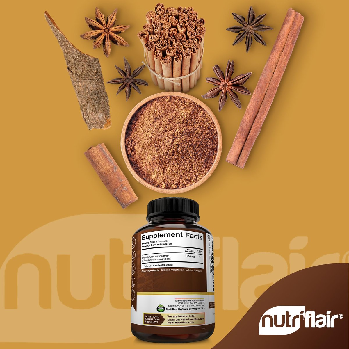NutriFlair Bio Ceylon Zimt Kapseln 1200mg, 120 Kapseln – USDA Bio, Nicht-GVO, Glutenfrei, Antioxidantien