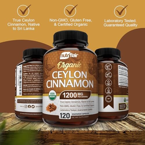 NutriFlair Bio Ceylon Zimt Kapseln 1200mg, 120 Kapseln – USDA Bio, Nicht-GVO, Glutenfrei, Antioxidantien