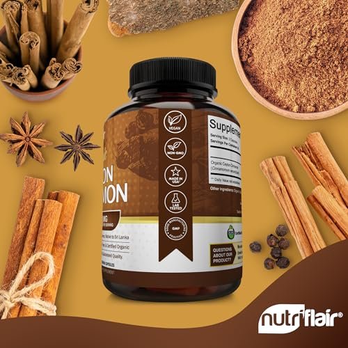 NutriFlair Bio Ceylon Zimt Kapseln 1200mg, 120 Kapseln – USDA Bio, Nicht-GVO, Glutenfrei, Antioxidantien
