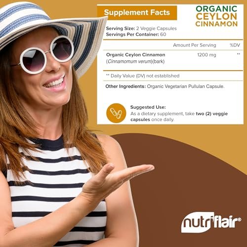 NutriFlair Bio Ceylon Zimt Kapseln 1200mg, 120 Kapseln – USDA Bio, Nicht-GVO, Glutenfrei, Antioxidantien