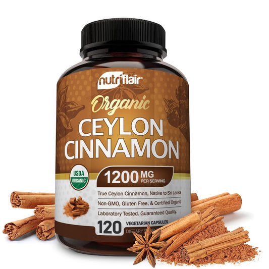 NutriFlair Bio Ceylon Zimt Kapseln 1200mg, 120 Kapseln – USDA Bio, Nicht-GVO, Glutenfrei, Antioxidantien