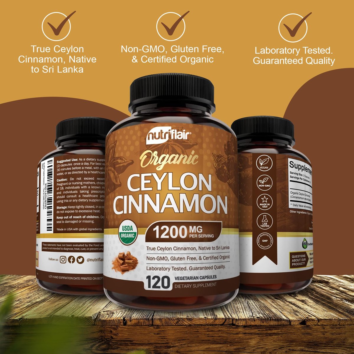 NutriFlair Bio Ceylon Zimt Kapseln 1200mg, 120 Kapseln – USDA Bio, Nicht-GVO, Glutenfrei, Antioxidantien