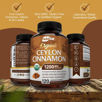NutriFlair Bio Ceylon Zimt Kapseln 1200mg, 120 Kapseln – USDA Bio, Nicht-GVO, Glutenfrei, Antioxidantien