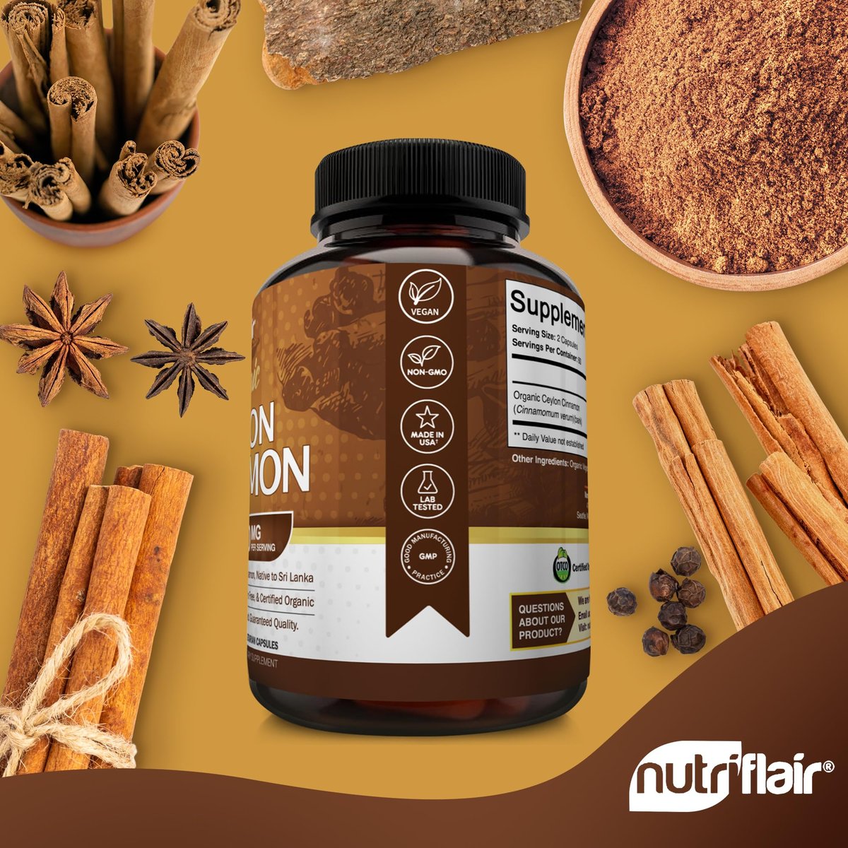 NutriFlair Bio Ceylon Zimt Kapseln 1200mg, 120 Kapseln – USDA Bio, Nicht-GVO, Glutenfrei, Antioxidantien