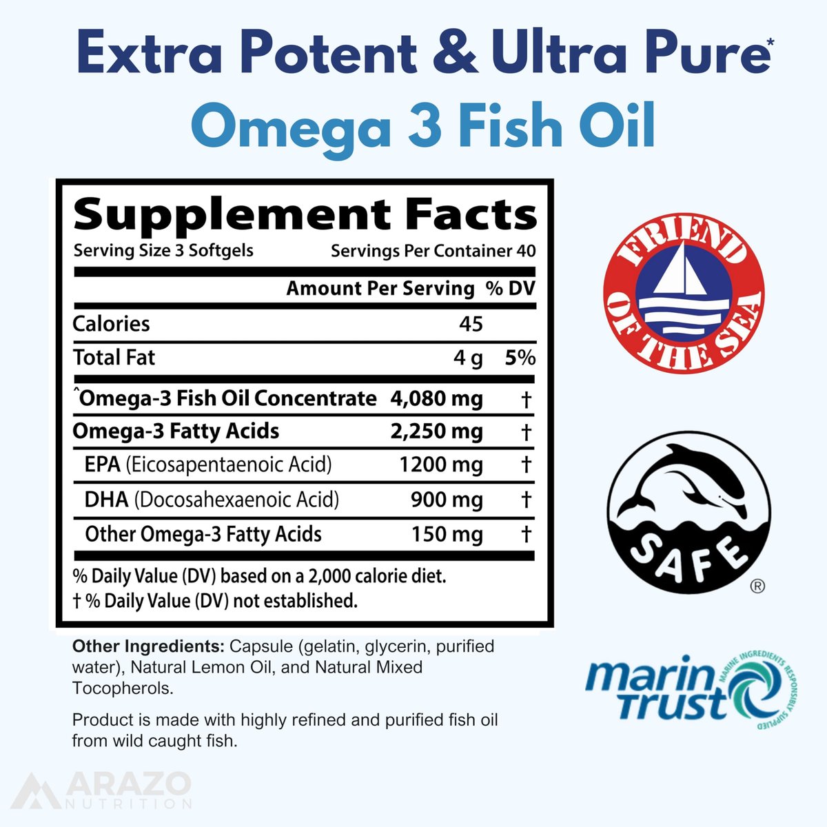 Arazo Nutrition Wild Caught Omega-3 Fischölkonzentrat – 4.080 mg pro Portion – Hoher EPA 1200 mg & DHA 900 mg – 120 Burpless Zitronen-Softgels
