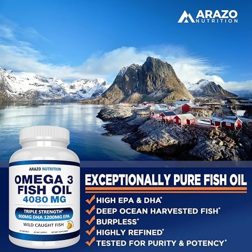 Arazo Nutrition Wild Caught Omega-3 Fischölkonzentrat – 4.080 mg pro Portion – Hoher EPA 1200 mg & DHA 900 mg – 120 Burpless Zitronen-Softgels