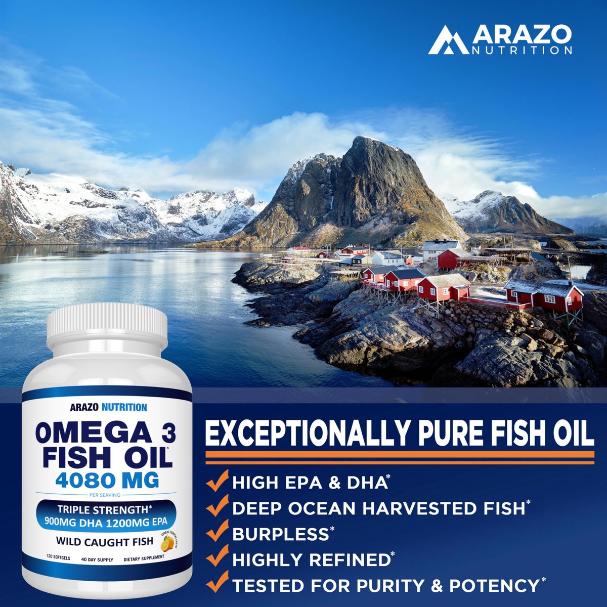 Arazo Nutrition Wild Caught Omega-3 Fischölkonzentrat – 4.080 mg pro Portion – Hoher EPA 1200 mg & DHA 900 mg – 120 Burpless Zitronen-Softgels