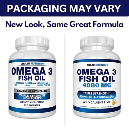 Arazo Nutrition Wild Caught Omega-3 Fischölkonzentrat – 4.080 mg pro Portion – Hoher EPA 1200 mg & DHA 900 mg – 120 Burpless Zitronen-Softgels