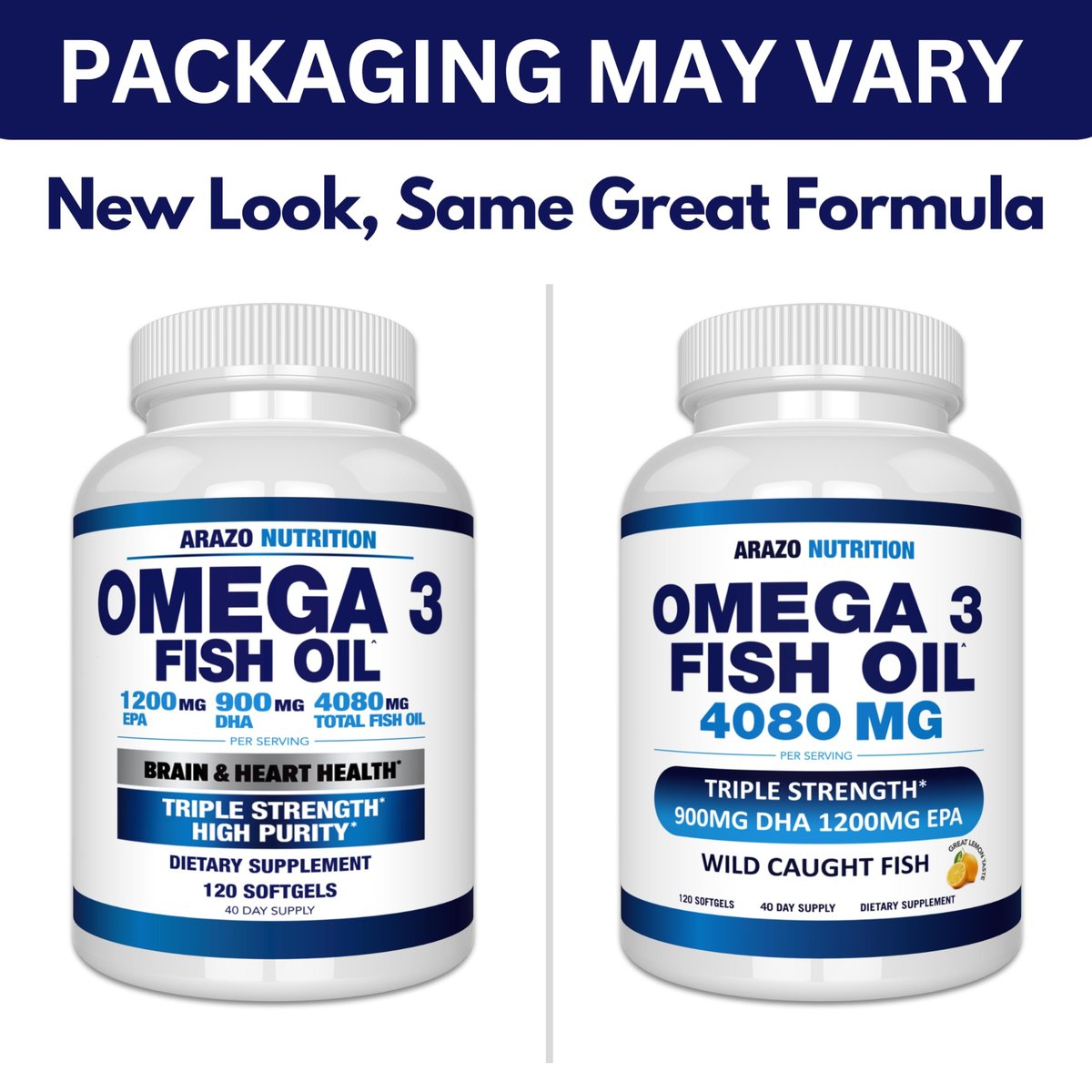 Arazo Nutrition Wild Caught Omega-3 Fischölkonzentrat – 4.080 mg pro Portion – Hoher EPA 1200 mg & DHA 900 mg – 120 Burpless Zitronen-Softgels