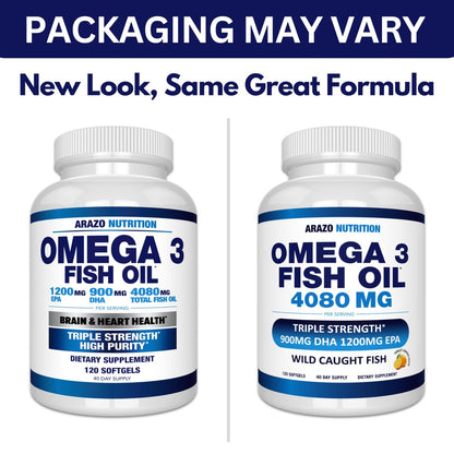 Arazo Nutrition Wild Caught Omega-3 Fischölkonzentrat – 4.080 mg pro Portion – Hoher EPA 1200 mg & DHA 900 mg – 120 Burpless Zitronen-Softgels