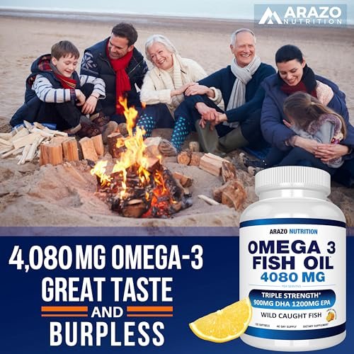 Arazo Nutrition Wild Caught Omega-3 Fischölkonzentrat – 4.080 mg pro Portion – Hoher EPA 1200 mg & DHA 900 mg – 120 Burpless Zitronen-Softgels