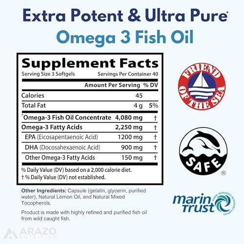 Arazo Nutrition Wild Caught Omega-3 Fischölkonzentrat – 4.080 mg pro Portion – Hoher EPA 1200 mg & DHA 900 mg – 120 Burpless Zitronen-Softgels
