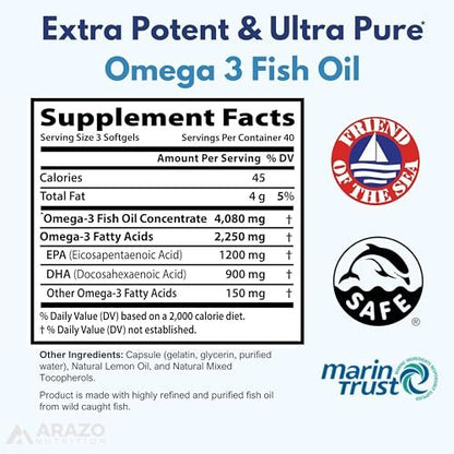 Arazo Nutrition Wild Caught Omega-3 Fischölkonzentrat – 4.080 mg pro Portion – Hoher EPA 1200 mg & DHA 900 mg – 120 Burpless Zitronen-Softgels