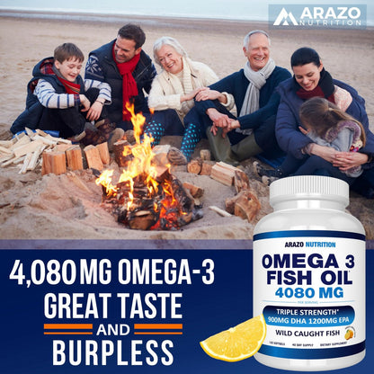 Arazo Nutrition Wild Caught Omega-3 Fischölkonzentrat – 4.080 mg pro Portion – Hoher EPA 1200 mg & DHA 900 mg – 120 Burpless Zitronen-Softgels