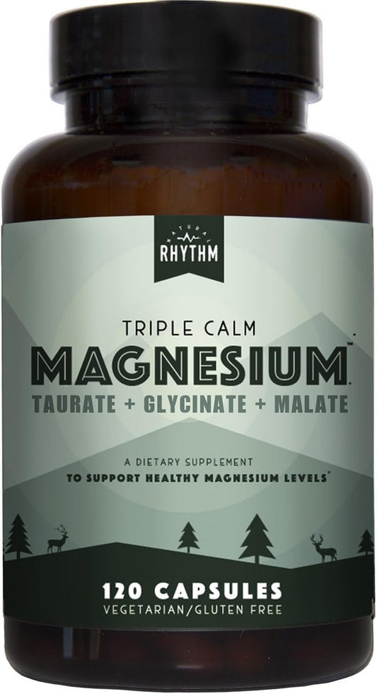 Natural Rhythm Triple Calm Magnesium Komplex – 120 Kapseln, chelatiertes Magnesiumglycinat, -taurat & -malat, hoch bioverfügbar, für Schlaf, Stress, Muskeln & Herz, Nicht-GVO, Vegan