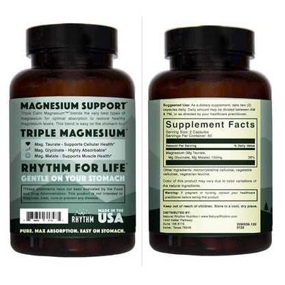 Natural Rhythm Triple Calm Magnesium Komplex – 120 Kapseln, chelatiertes Magnesiumglycinat, -taurat & -malat, hoch bioverfügbar, für Schlaf, Stress, Muskeln & Herz, Nicht-GVO, Vegan