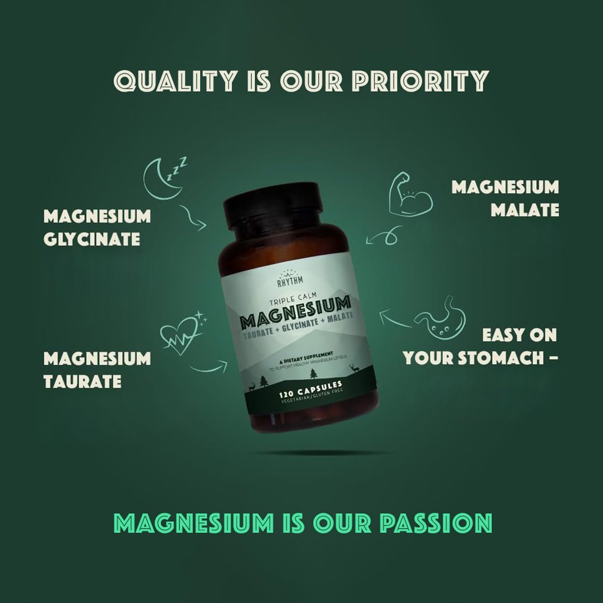 Natural Rhythm Triple Calm Magnesium Komplex – 120 Kapseln, chelatiertes Magnesiumglycinat, -taurat & -malat, hoch bioverfügbar, für Schlaf, Stress, Muskeln & Herz, Nicht-GVO, Vegan