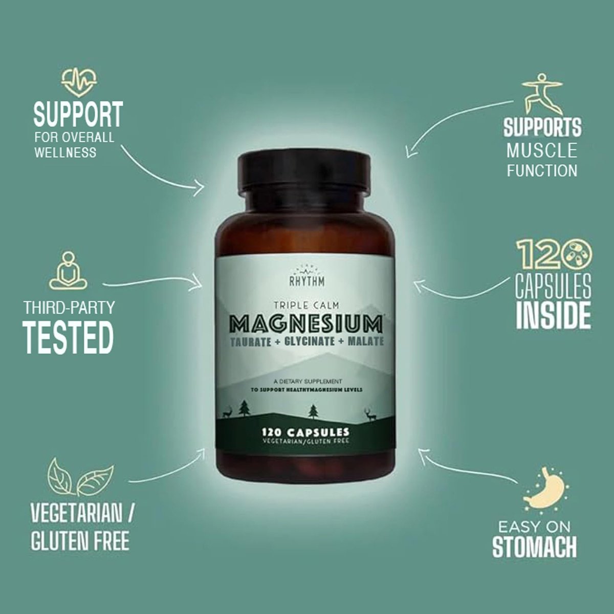 Natural Rhythm Triple Calm Magnesium Komplex – 120 Kapseln, chelatiertes Magnesiumglycinat, -taurat & -malat, hoch bioverfügbar, für Schlaf, Stress, Muskeln & Herz, Nicht-GVO, Vegan