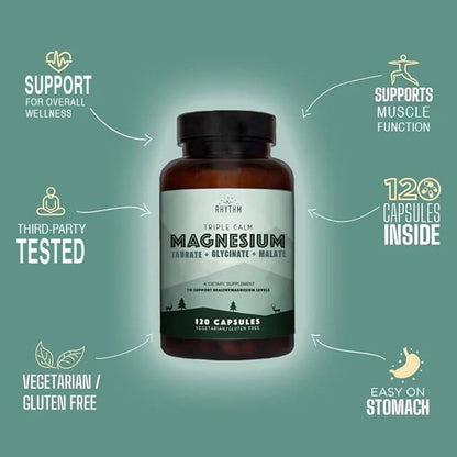 Natural Rhythm Triple Calm Magnesium Komplex – 120 Kapseln, chelatiertes Magnesiumglycinat, -taurat & -malat, hoch bioverfügbar, für Schlaf, Stress, Muskeln & Herz, Nicht-GVO, Vegan