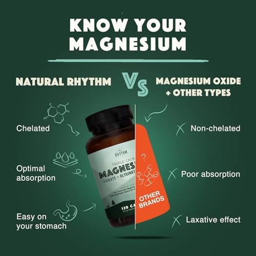Natural Rhythm Triple Calm Magnesium Komplex – 120 Kapseln, chelatiertes Magnesiumglycinat, -taurat & -malat, hoch bioverfügbar, für Schlaf, Stress, Muskeln & Herz, Nicht-GVO, Vegan