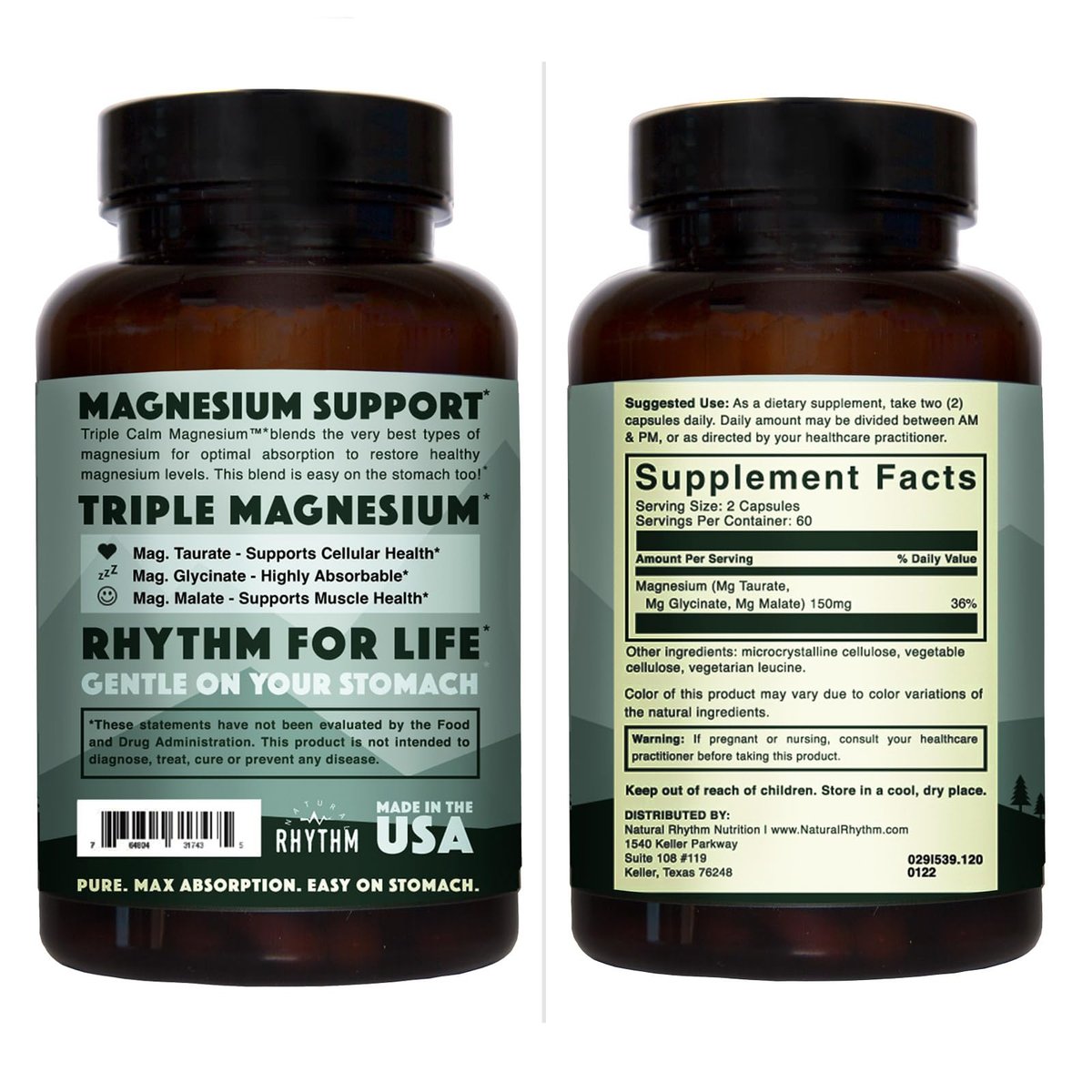 Natural Rhythm Triple Calm Magnesium Komplex – 120 Kapseln, chelatiertes Magnesiumglycinat, -taurat & -malat, hoch bioverfügbar, für Schlaf, Stress, Muskeln & Herz, Nicht-GVO, Vegan