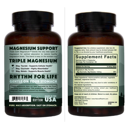Natural Rhythm Triple Calm Magnesium Komplex – 120 Kapseln, chelatiertes Magnesiumglycinat, -taurat & -malat, hoch bioverfügbar, für Schlaf, Stress, Muskeln & Herz, Nicht-GVO, Vegan