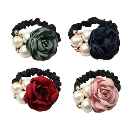 LOVEF 4er-Pack Koreanische Mode Perlen-Haarbänder Rosenblüten Strass Haargummis / Schmuck-Gummibänder
