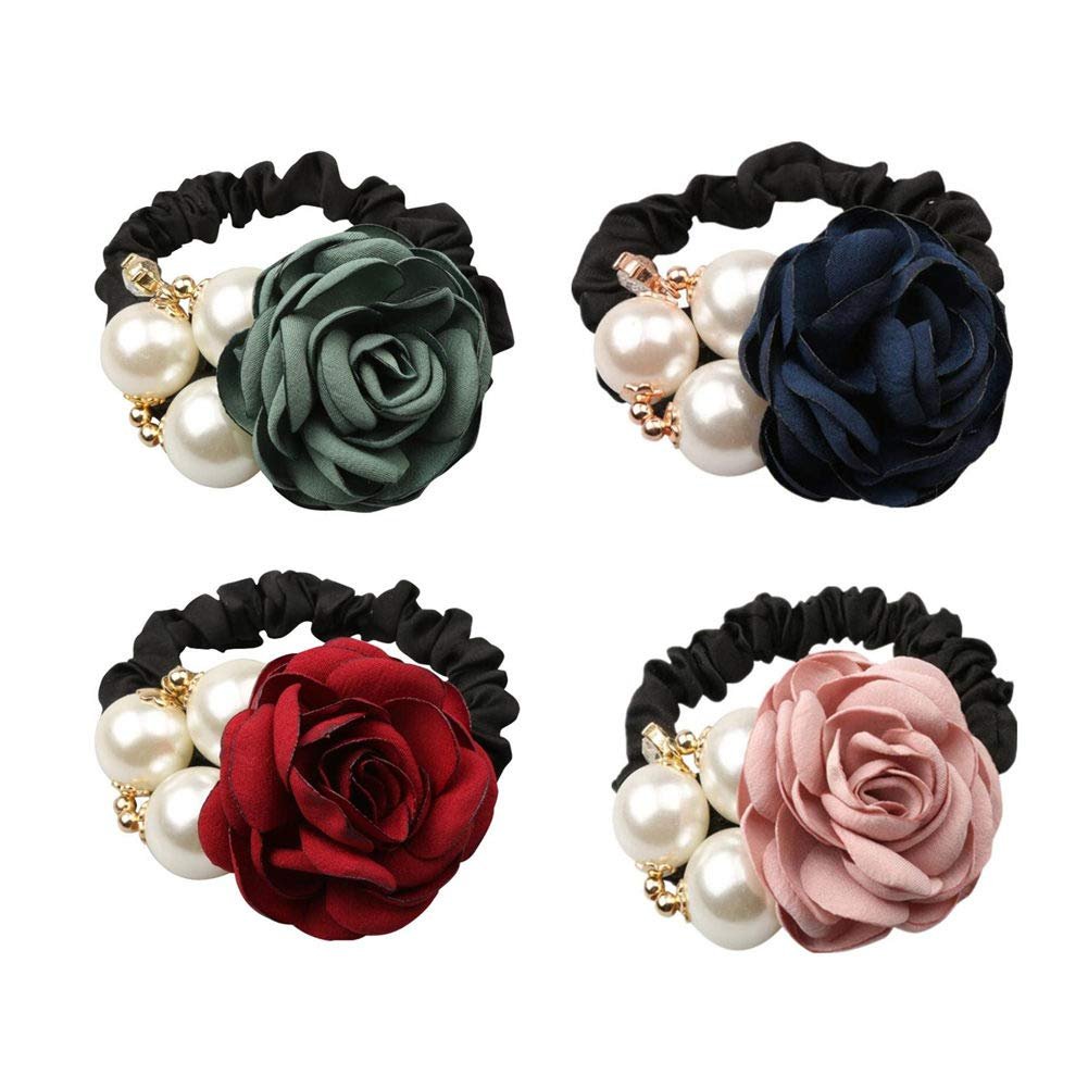 LOVEF 4er-Pack Koreanische Mode Perlen-Haarbänder Rosenblüten Strass Haargummis / Schmuck-Gummibänder