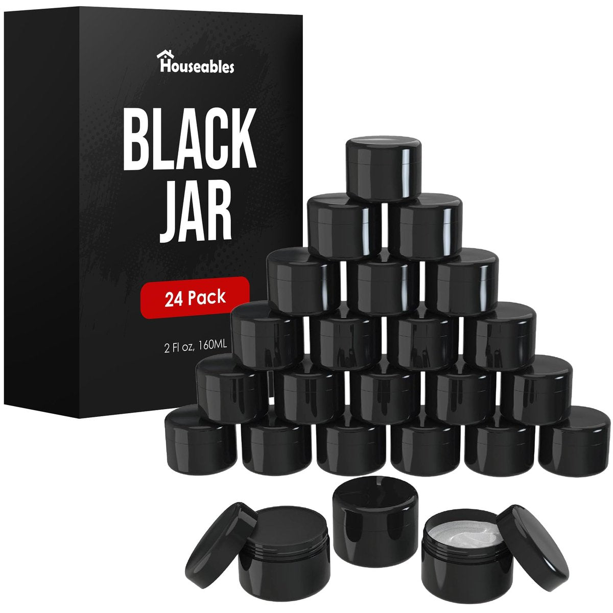 Houseables Kosmetikbehälter mit Deckel, schwarze Dosen, Lotionbehälter, 2 oz Dosen mit Deckel, kleine Plastikdosen für Body Butter, Creme, Make-up, Puder, Körperpeeling, Lippenpeeling, Balsam, Reise, leer, 24 Stück