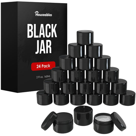 Houseables Kosmetikbehälter mit Deckel, schwarze Dosen, Lotionbehälter, 2 oz Dosen mit Deckel, kleine Plastikdosen für Body Butter, Creme, Make-up, Puder, Körperpeeling, Lippenpeeling, Balsam, Reise, leer, 24 Stück