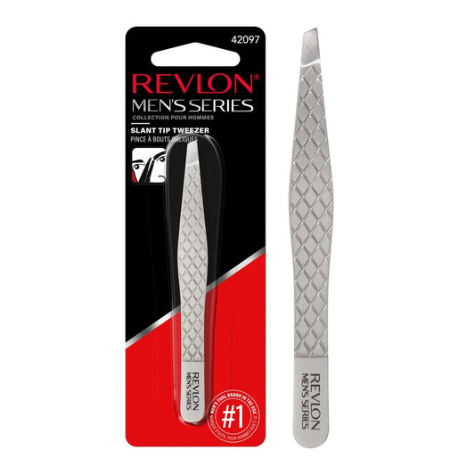 Revlon Schrägspitzpinzette für Herren – Ultra-scharf für präzises Augenbrauenstyling und Haarentfernung im Gesicht – Großer rutschfester Griff, Edelstahl, 1 Stück