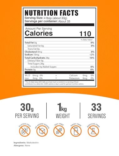 Maltodextrin Pulver von BulkSupplements – Energie-Boost, geschmacksneutral & glutenfrei, 30 g pro Portion, 1 kg (2,2 lb)