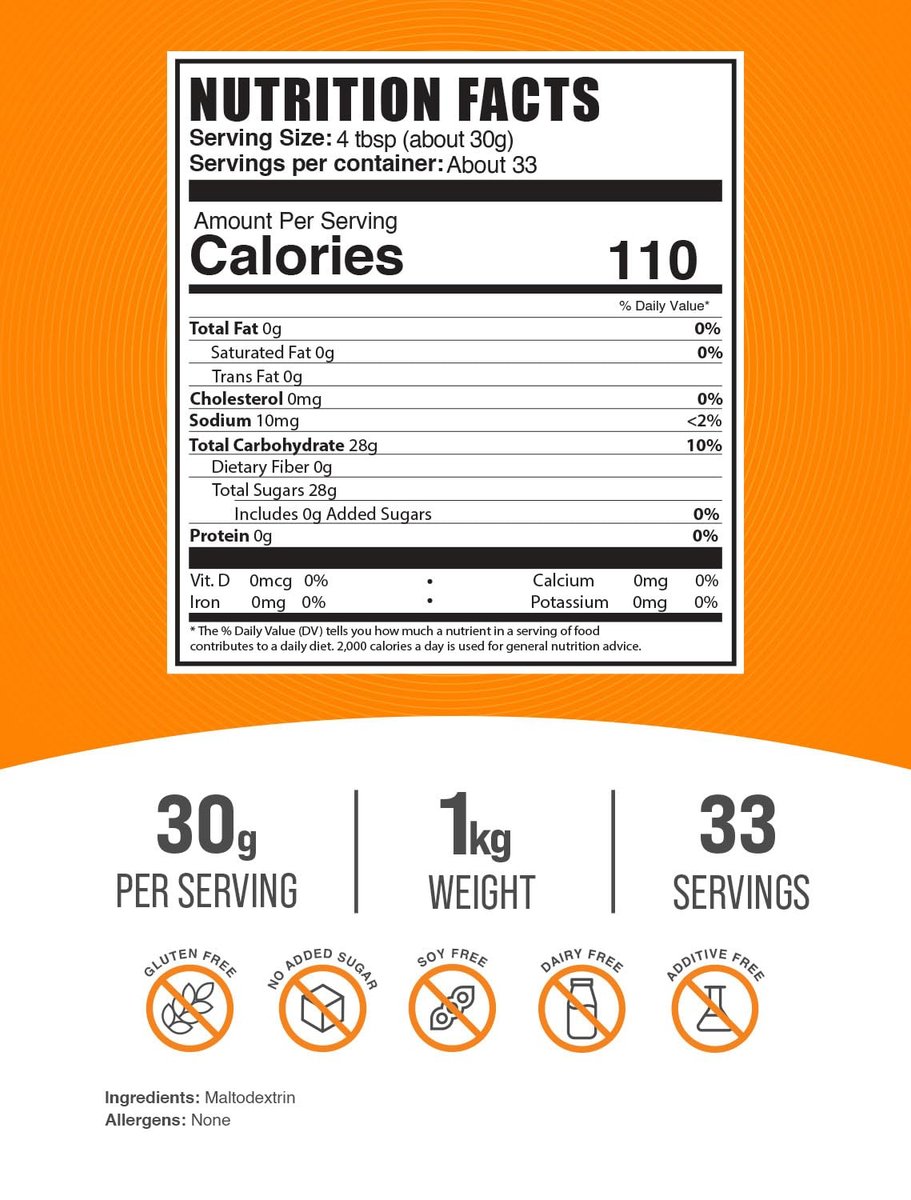 Maltodextrin Pulver von BulkSupplements – Energie-Boost, geschmacksneutral & glutenfrei, 30 g pro Portion, 1 kg (2,2 lb)
