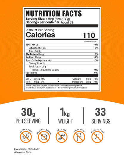 Maltodextrin Pulver von BulkSupplements – Energie-Boost, geschmacksneutral & glutenfrei, 30 g pro Portion, 1 kg (2,2 lb)