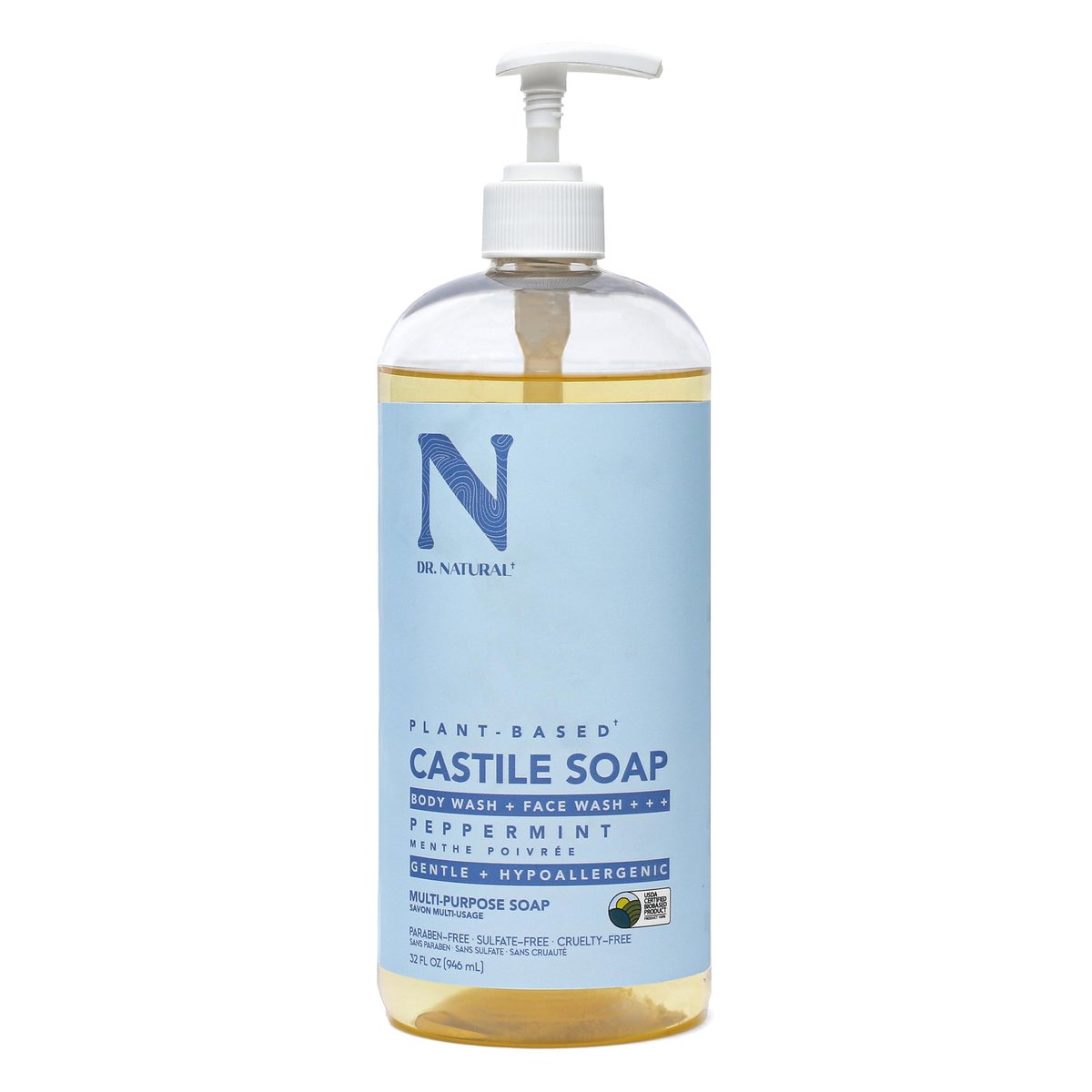 Dr. Natural Castile Flüssigseife, Pfefferminz, 946 ml – pflanzlich mit Bio-Sheabutter – reich an Kokos- und Olivenölen – sulfat- und parabenfrei, tierversuchsfrei – Mehrzweckseife