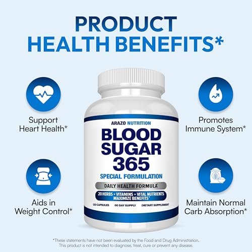 Arazo Nutrition Blood Sugar 365 – Nahrungsergänzungsmittel zur Unterstützung eines gesunden Energiehaushalts – 120 pflanzliche Kapseln – 60-Tage-Vorrat