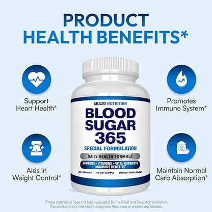 Arazo Nutrition Blood Sugar 365 – Nahrungsergänzungsmittel zur Unterstützung eines gesunden Energiehaushalts – 120 pflanzliche Kapseln – 60-Tage-Vorrat