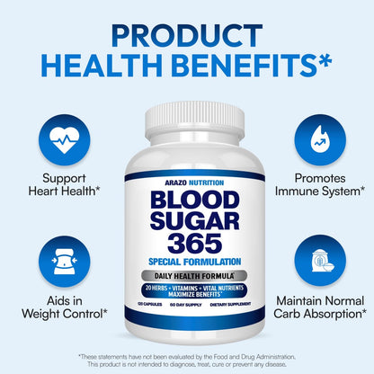 Arazo Nutrition Blood Sugar 365 – Nahrungsergänzungsmittel zur Unterstützung eines gesunden Energiehaushalts – 120 pflanzliche Kapseln – 60-Tage-Vorrat