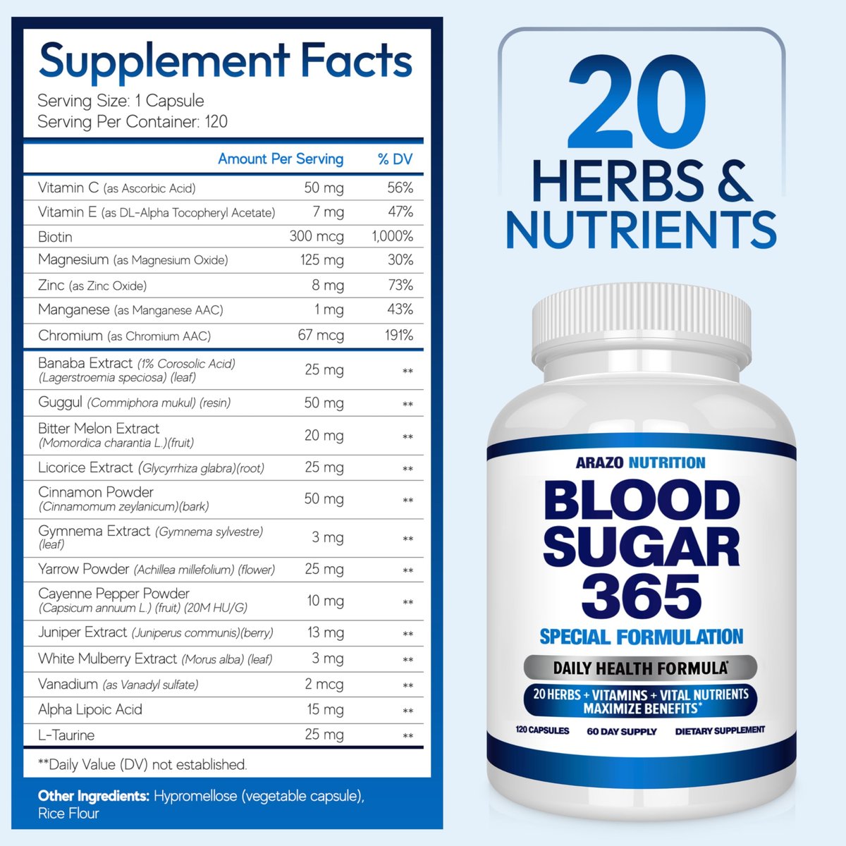 Arazo Nutrition Blood Sugar 365 – Nahrungsergänzungsmittel zur Unterstützung eines gesunden Energiehaushalts – 120 pflanzliche Kapseln – 60-Tage-Vorrat