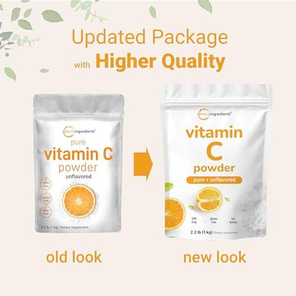 Micro Ingredients Reines Vitamin C Pulver, 2,2 Pfund (1 kg) | Ungeschmackvolles Ascorbinsäure-Präparat | Vitamine für Frauen und Männer | Nicht-GVO, glutenfrei