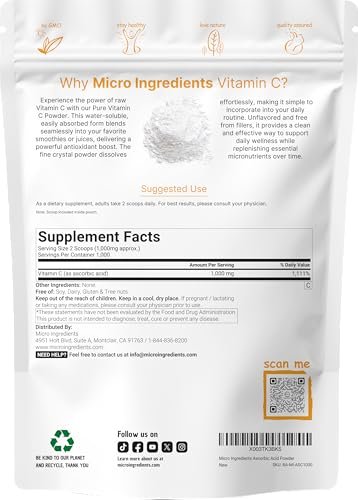 Micro Ingredients Reines Vitamin C Pulver, 2,2 Pfund (1 kg) | Ungeschmackvolles Ascorbinsäure-Präparat | Vitamine für Frauen und Männer | Nicht-GVO, glutenfrei