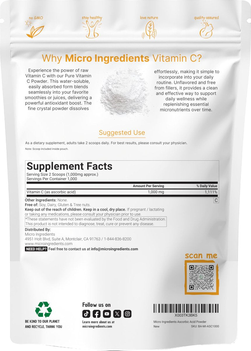 Micro Ingredients Reines Vitamin C Pulver, 2,2 Pfund (1 kg) | Ungeschmackvolles Ascorbinsäure-Präparat | Vitamine für Frauen und Männer | Nicht-GVO, glutenfrei