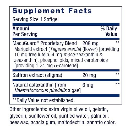 Life Extension MacuGuard Augenunterstützung mit Safran & Astaxanthin – Nahrungsergänzungsmittel für gesundes Sehen – mit Lutein, Zeaxanthin, Meso-Zeaxanthin – Glutenfrei, Nicht-GVO – 60 Weichkapseln
