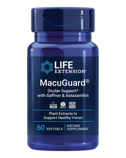 Life Extension MacuGuard Augenunterstützung mit Safran & Astaxanthin – Nahrungsergänzungsmittel für gesundes Sehen – mit Lutein, Zeaxanthin, Meso-Zeaxanthin – Glutenfrei, Nicht-GVO – 60 Weichkapseln