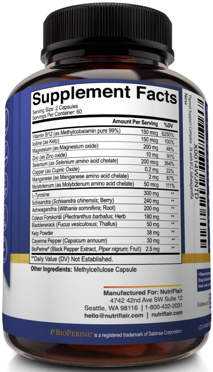 NutriFlair Thyroid Support Complex, 120 Kapseln – mit Jod, schwarzem Pfeffer, Ashwagandha, Vitamin B12 – Schilddrüsenpräparat für Frauen und Männer