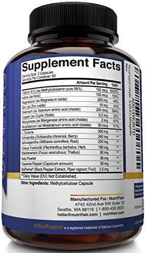 NutriFlair Thyroid Support Complex, 120 Kapseln – mit Jod, schwarzem Pfeffer, Ashwagandha, Vitamin B12 – Schilddrüsenpräparat für Frauen und Männer
