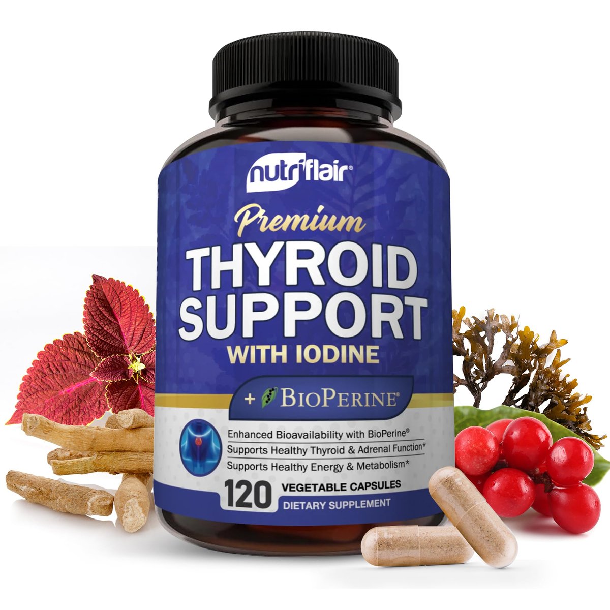 NutriFlair Thyroid Support Complex, 120 Kapseln – mit Jod, schwarzem Pfeffer, Ashwagandha, Vitamin B12 – Schilddrüsenpräparat für Frauen und Männer