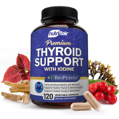 NutriFlair Thyroid Support Complex, 120 Kapseln – mit Jod, schwarzem Pfeffer, Ashwagandha, Vitamin B12 – Schilddrüsenpräparat für Frauen und Männer